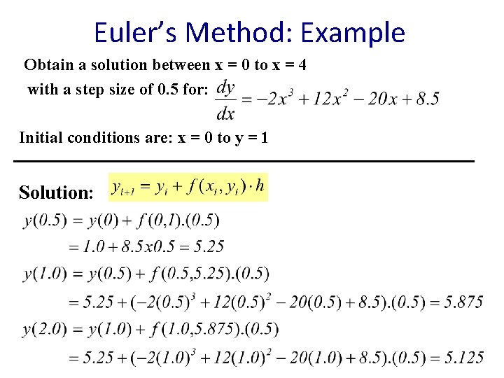 Euler’s Method: Example Obtain a solution between x = 0 to x = 4