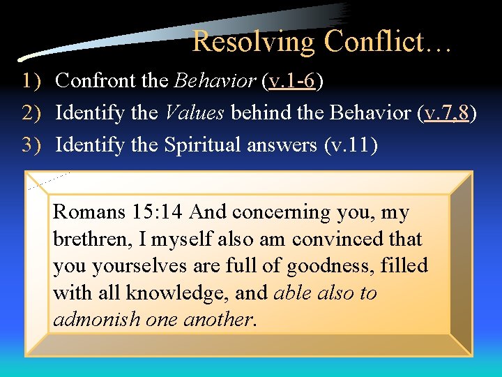 Resolving Conflict… 1) Confront the Behavior (v. 1 -6) 2) Identify the Values behind