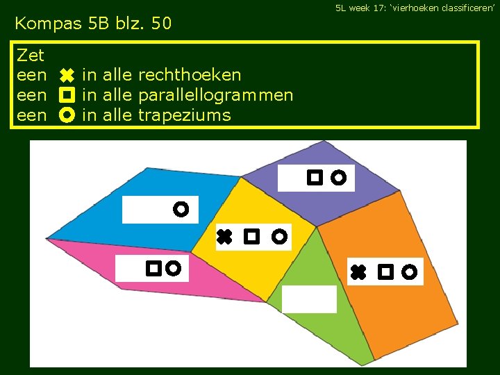 5 L week 17: ‘vierhoeken classificeren’ Kompas 5 B blz. 50 Zet een een