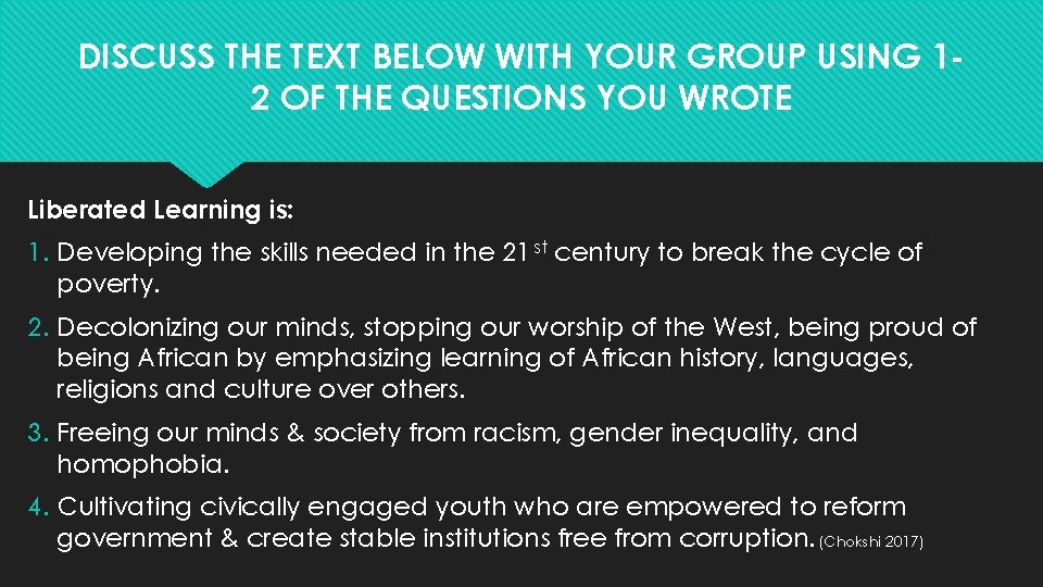 DISCUSS THE TEXT BELOW WITH YOUR GROUP USING 12 OF THE QUESTIONS YOU WROTE