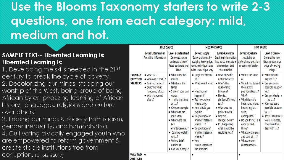 Use the Blooms Taxonomy starters to write 2 -3 questions, one from each category: