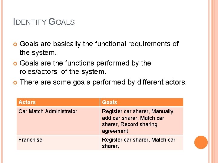 IDENTIFY GOALS Goals are basically the functional requirements of the system. Goals are the