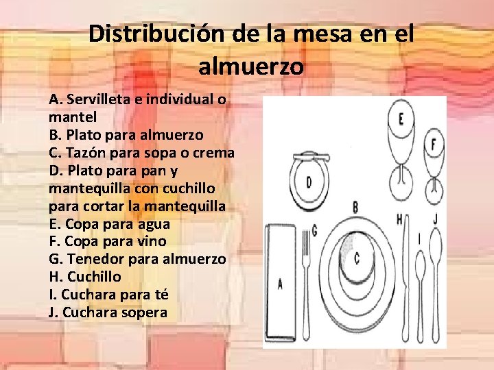 Distribución de la mesa en el almuerzo A. Servilleta e individual o mantel B.