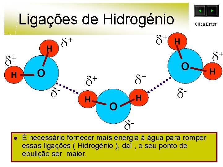 Ligações de Hidrogénio + H H O - + + + + H H