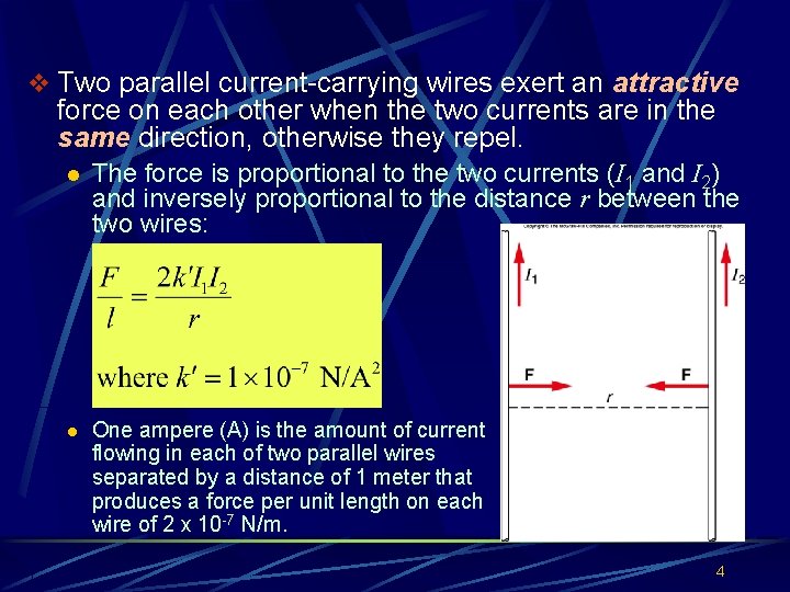 v Two parallel current-carrying wires exert an attractive force on each other when the