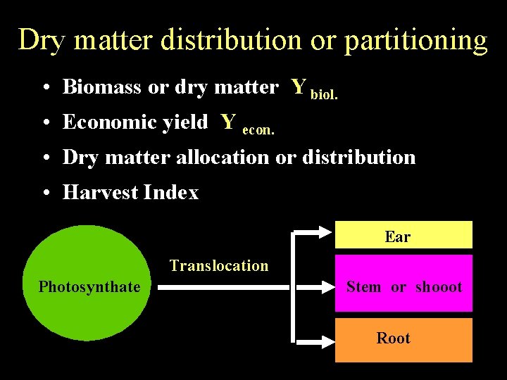 Dry matter distribution or partitioning • Biomass or dry matter Y biol. • Economic