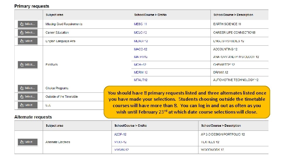 You should have 8 primary requests listed and three alternates listed once you have