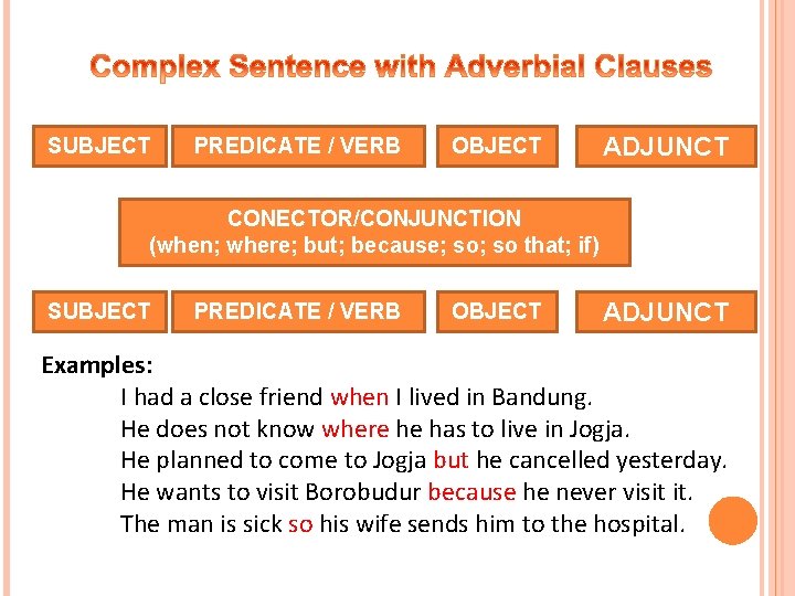 SUBJECT PREDICATE / VERB OBJECT ADJUNCT CONECTOR/CONJUNCTION (when; where; but; because; so that; if)
