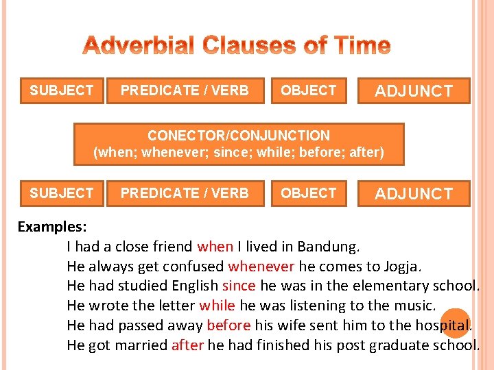 SUBJECT PREDICATE / VERB OBJECT ADJUNCT CONECTOR/CONJUNCTION (when; whenever; since; while; before; after) SUBJECT