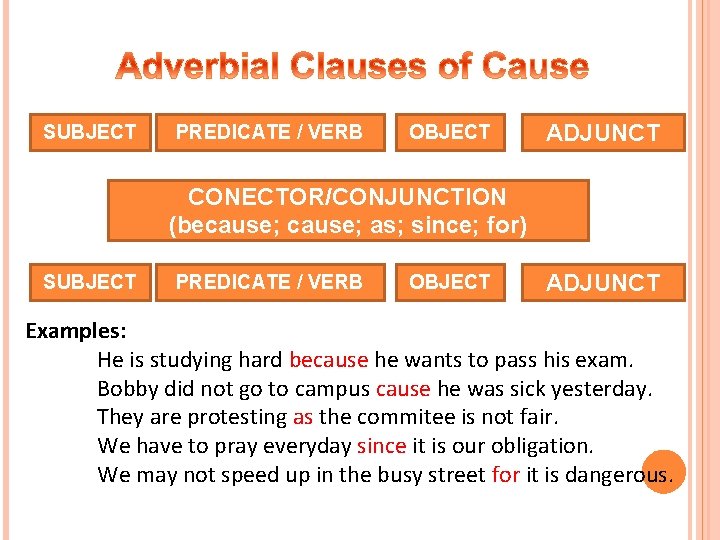SUBJECT PREDICATE / VERB OBJECT ADJUNCT CONECTOR/CONJUNCTION (because; as; since; for) SUBJECT PREDICATE /