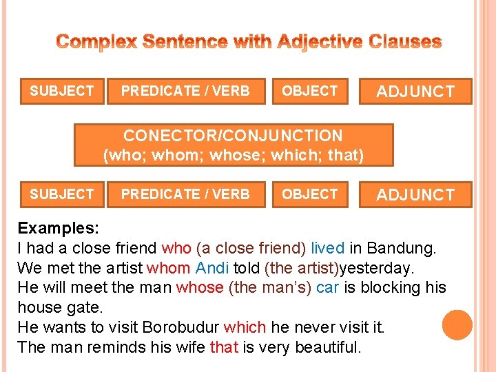 SUBJECT PREDICATE / VERB OBJECT ADJUNCT CONECTOR/CONJUNCTION (who; whom; whose; which; that) SUBJECT PREDICATE