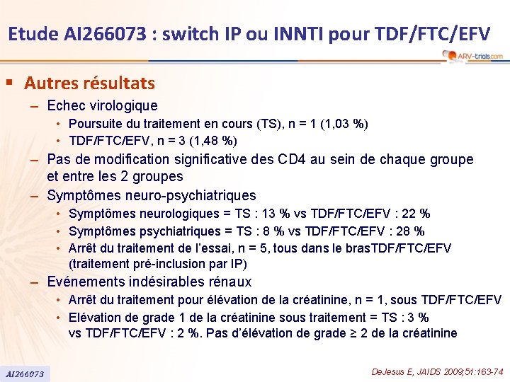 Etude AI 266073 : switch IP ou INNTI pour TDF/FTC/EFV § Autres résultats –