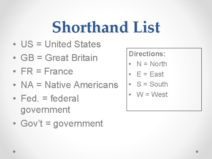 Shorthand List • • • US = United States GB = Great Britain FR