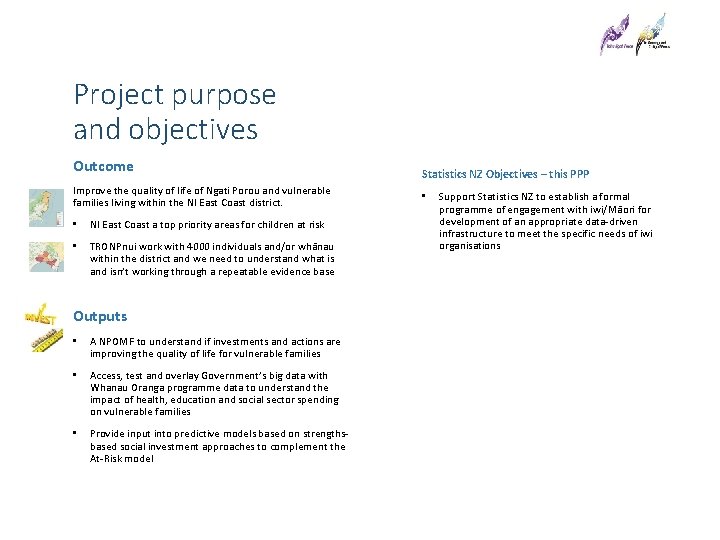 Project purpose and objectives Outcome Improve the quality of life of Ngati Porou and