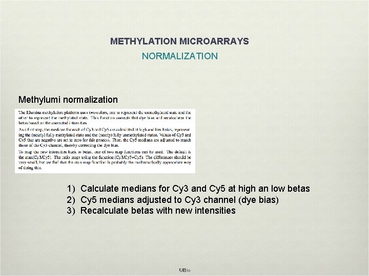 METHYLATION MICROARRAYS NORMALIZATION Methylumi normalization 1) Calculate medians for Cy 3 and Cy 5