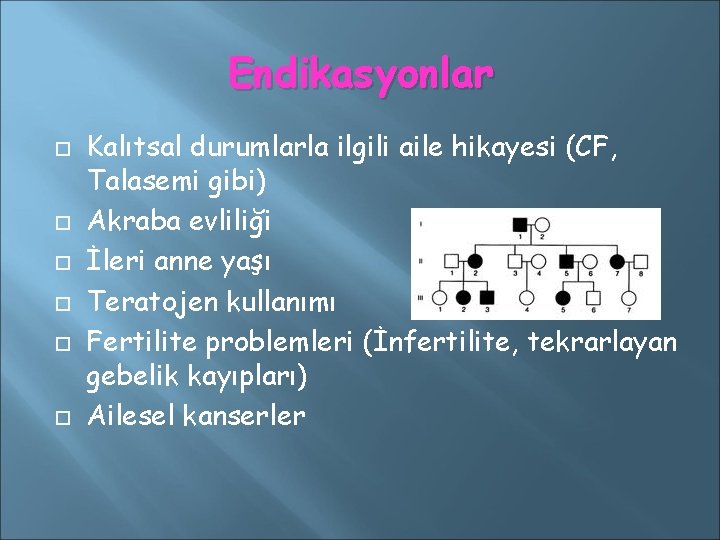 Endikasyonlar Kalıtsal durumlarla ilgili aile hikayesi (CF, Talasemi gibi) Akraba evliliği İleri anne yaşı