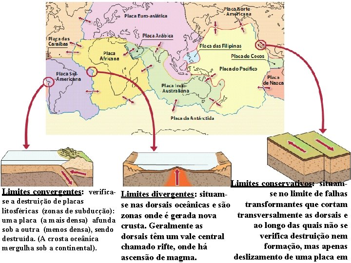 Limites convergentes: verificase a destruição de placas litosféricas (zonas de subducção): uma placa (a