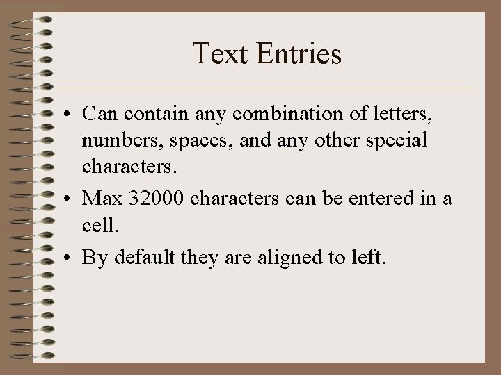 Text Entries • Can contain any combination of letters, numbers, spaces, and any other