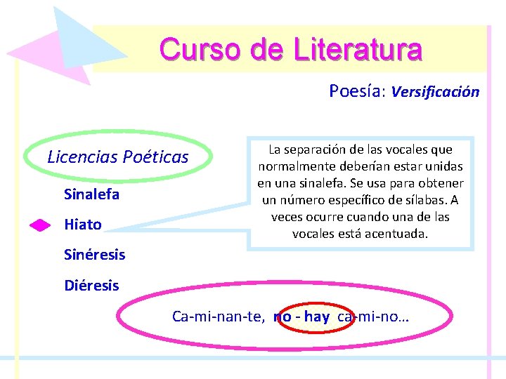 Curso de Literatura Poesía: Poesía Versificación Licencias Poéticas Sinalefa Hiato La separación de las