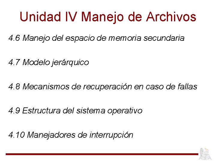 Unidad IV Manejo de Archivos 4. 6 Manejo del espacio de memoria secundaria 4.