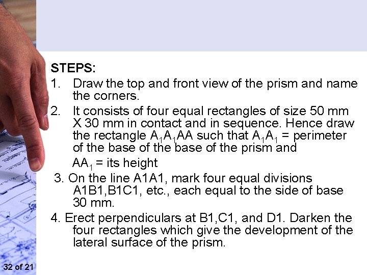 STEPS: 1. Draw the top and front view of the prism and name the