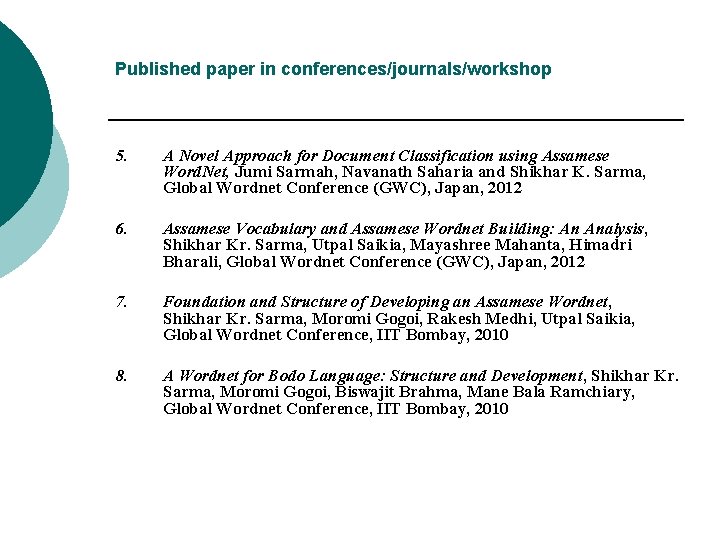 Published paper in conferences/journals/workshop 5. A Novel Approach for Document Classification using Assamese Word.