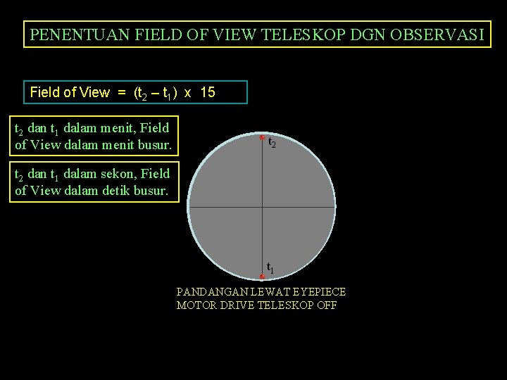 PENENTUAN FIELD OF VIEW TELESKOP DGN OBSERVASI Field of View = (t 2 –