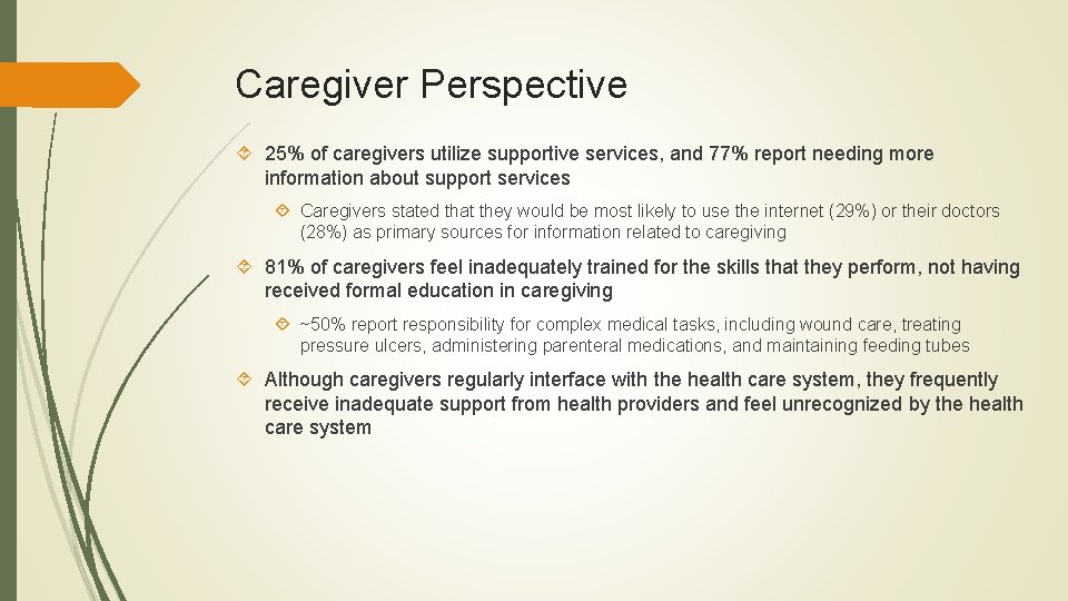 Caregiver Perspective 25% of caregivers utilize supportive services, and 77% report needing more information Caregiver Perspective 25% of caregivers utilize supportive services, and 77% report needing more information