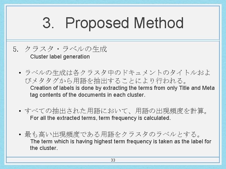 3. Proposed Method 5. クラスタ・ラベルの生成 Cluster label generation • ラベルの生成は各クラスタ中のドキュメントのタイトルおよ びメタタグから用語を抽出することにより行われる。 Creation of labels