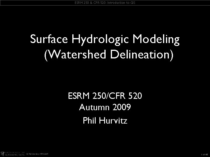 ESRM 250 & CFR 520: Introduction to GIS Surface Hydrologic Modeling (Watershed Delineation) ESRM