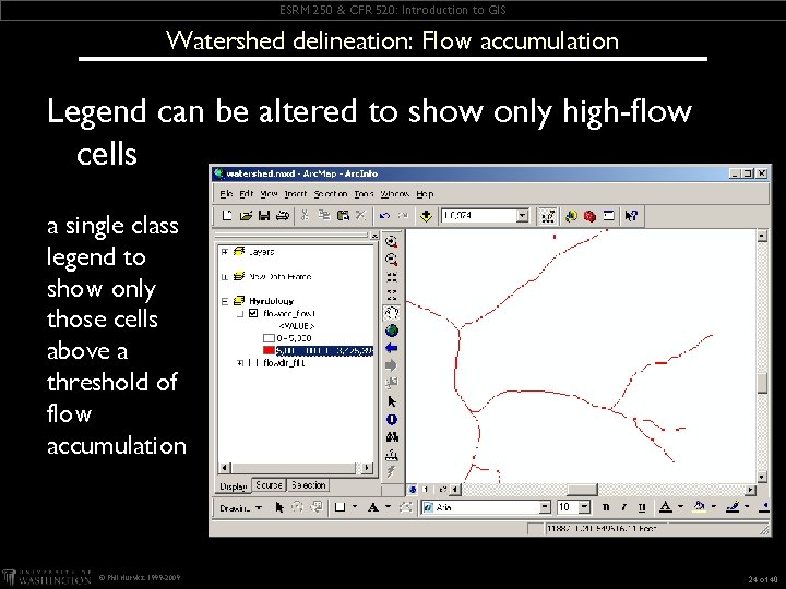 ESRM 250 & CFR 520: Introduction to GIS Watershed delineation: Flow accumulation Legend can