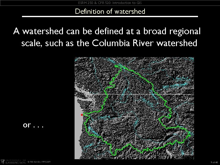 ESRM 250 & CFR 520: Introduction to GIS Definition of watershed A watershed can