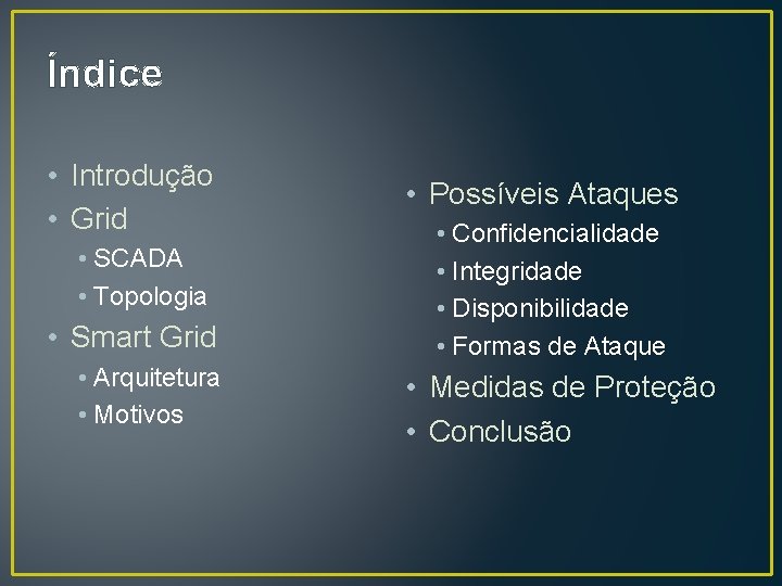 Índice • Introdução • Grid • SCADA • Topologia • Smart Grid • Arquitetura