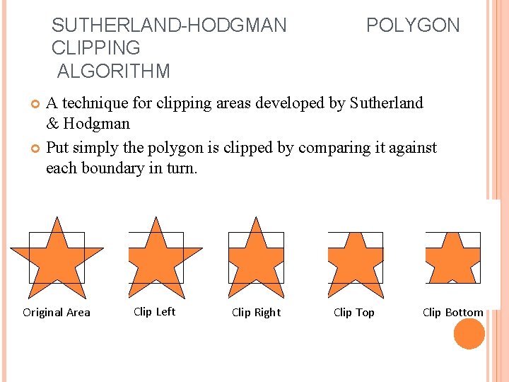 SUTHERLAND-HODGMAN CLIPPING ALGORITHM POLYGON A technique for clipping areas developed by Sutherland & Hodgman