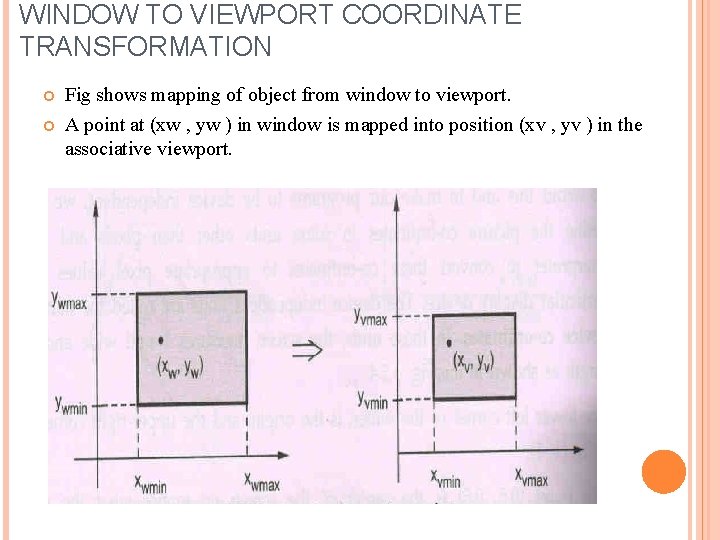 WINDOW TO VIEWPORT COORDINATE TRANSFORMATION Fig shows mapping of object from window to viewport.