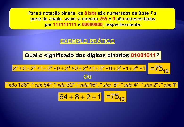 Para a notação binária, os 8 bits são numerados de 0 até 7 a
