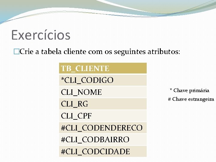 Exercícios �Crie a tabela cliente com os seguintes atributos: TB_CLIENTE *CLI_CODIGO CLI_NOME CLI_RG CLI_CPF