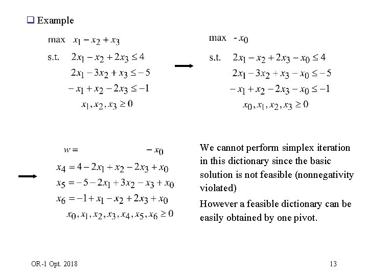 q Example We cannot perform simplex iteration in this dictionary since the basic solution