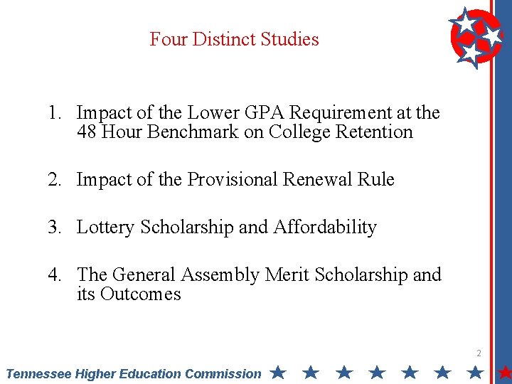 Four Distinct Studies 1. Impact of the Lower GPA Requirement at the 48 Hour