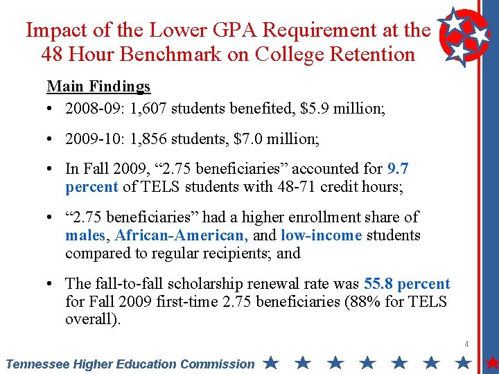 Impact of the Lower GPA Requirement at the 48 Hour Benchmark on College Retention