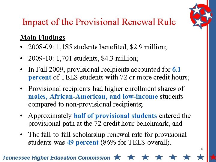 Impact of the Provisional Renewal Rule Main Findings • 2008 -09: 1, 185 students