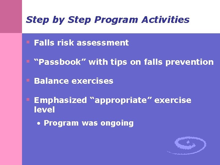 Step by Step Program Activities § Falls risk assessment § “Passbook” with tips on