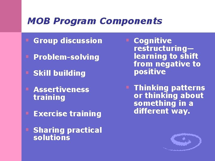 MOB Program Components § Group discussion § Cognitive § Skill building restructuring— learning to