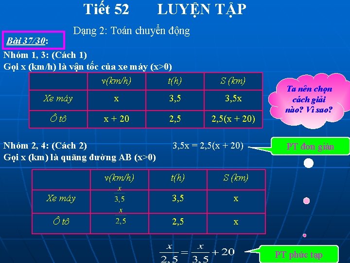 Tiết 52 LUYỆN TẬP Dạng 2: Toán chuyển động Bài 37/30: Nhóm 1, 3: