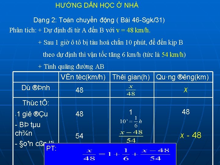 HƯỚNG DẪN HỌC Ở NHÀ Dạng 2: Toán chuyển động ( Bài 46 Sgk/31)