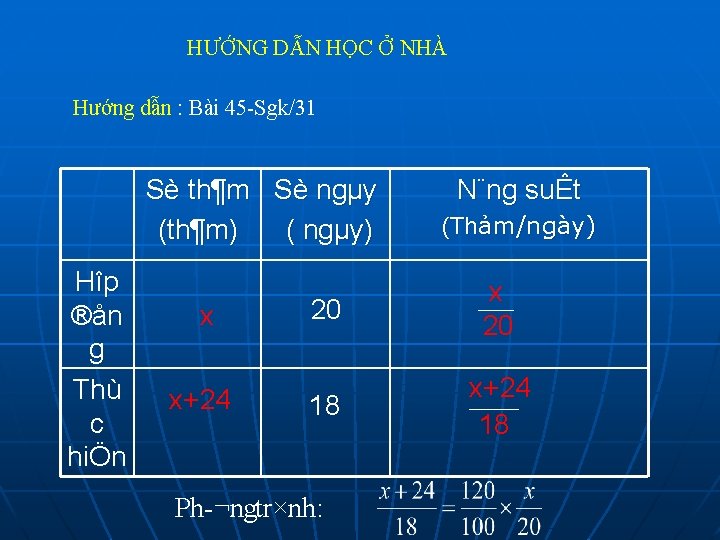 HƯỚNG DẪN HỌC Ở NHÀ Hướng dẫn : Bài 45 Sgk/31 Sè th¶m Sè