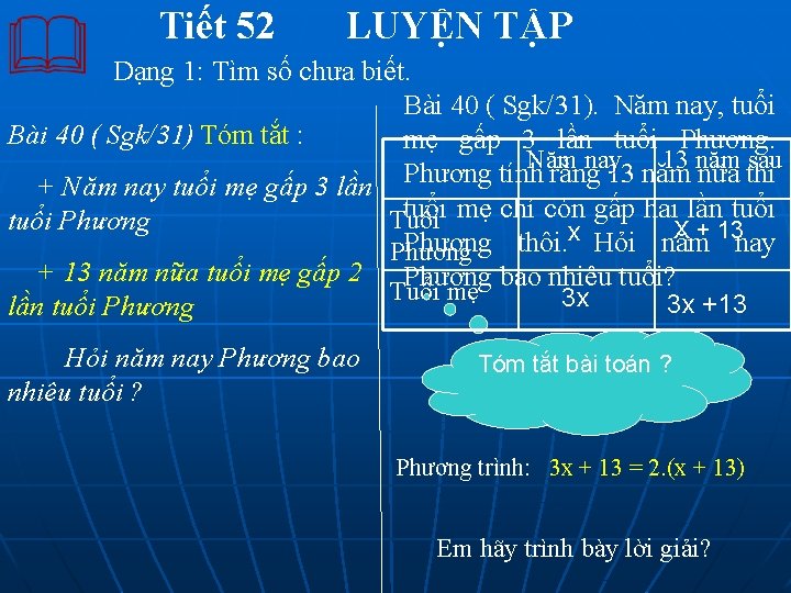 Tiết 52 LUYỆN TẬP Dạng 1: Tìm số chưa biết. Bài 40 ( Sgk/31).