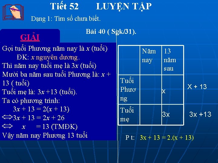 Tiết 52 LUYỆN TẬP Dạng 1: Tìm số chưa biết. GIẢI Bài 40 (