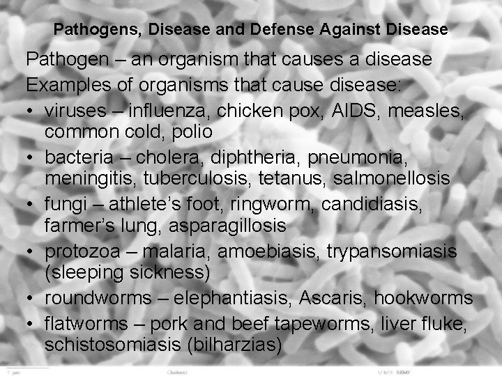 Pathogens, Disease and Defense Against Disease Pathogen – an organism that causes a disease