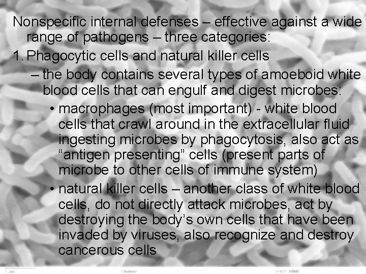 Nonspecific internal defenses – effective against a wide range of pathogens – three categories: